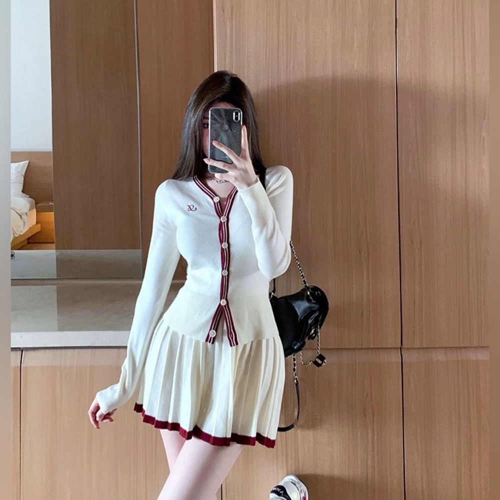 White and Red Cardigan with Pleated Skirt